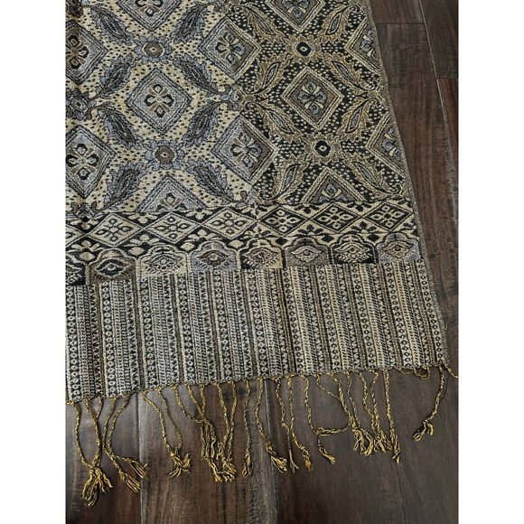 Pashmina Shawl Intricate Gold Black Geometric Patterns Fringe - Picture 4 of 8